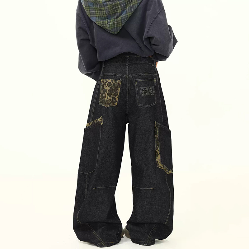 美式復古街頭設計感廓形彎刀牛仔褲多口袋潮流寬鬆香蕉褲