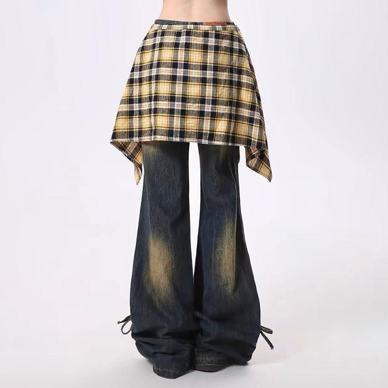 美式復古褶皺做舊設計感辣妹裙擺可拆卸外搭休閒微喇長褲牛仔褲秋季