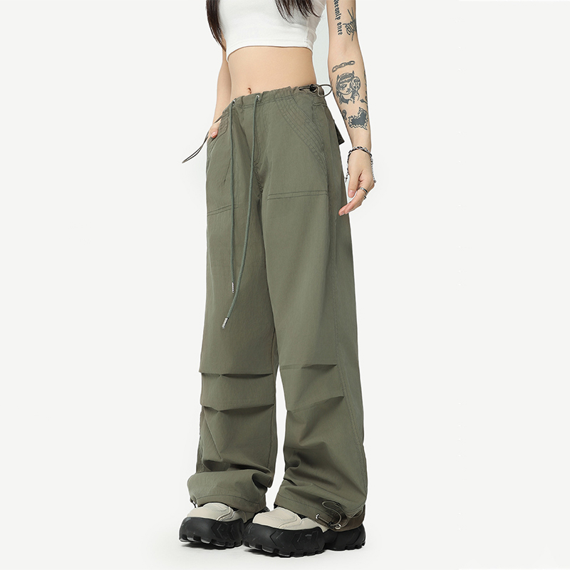 美式復古褶皺工裝褲抽繩降落傘兵褲街潮直筒束腳休閒褲