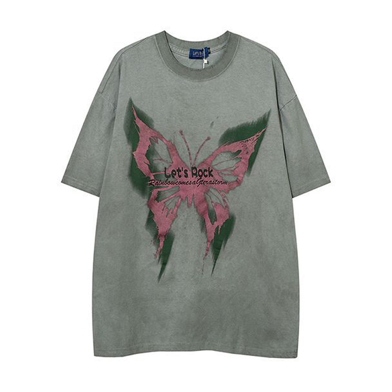 美式復古哥特風蝴蝶印花Chic寬鬆T恤潮流設計感情侶短袖上衣