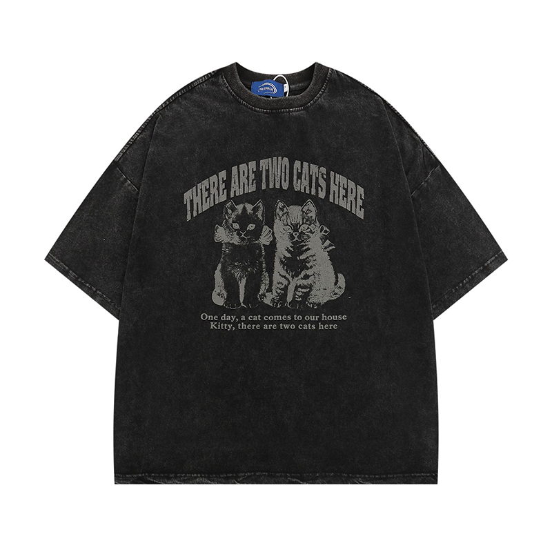 美式復古黑貓印花短袖T卹夏季寬鬆水洗做舊潮牌情侶Tee