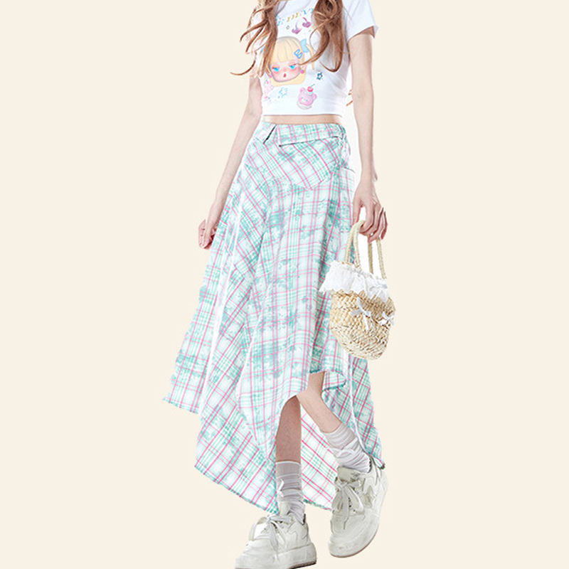 美式不規則翻腰頭設計感紮染格紋半身裙夏季休閒中長裙子