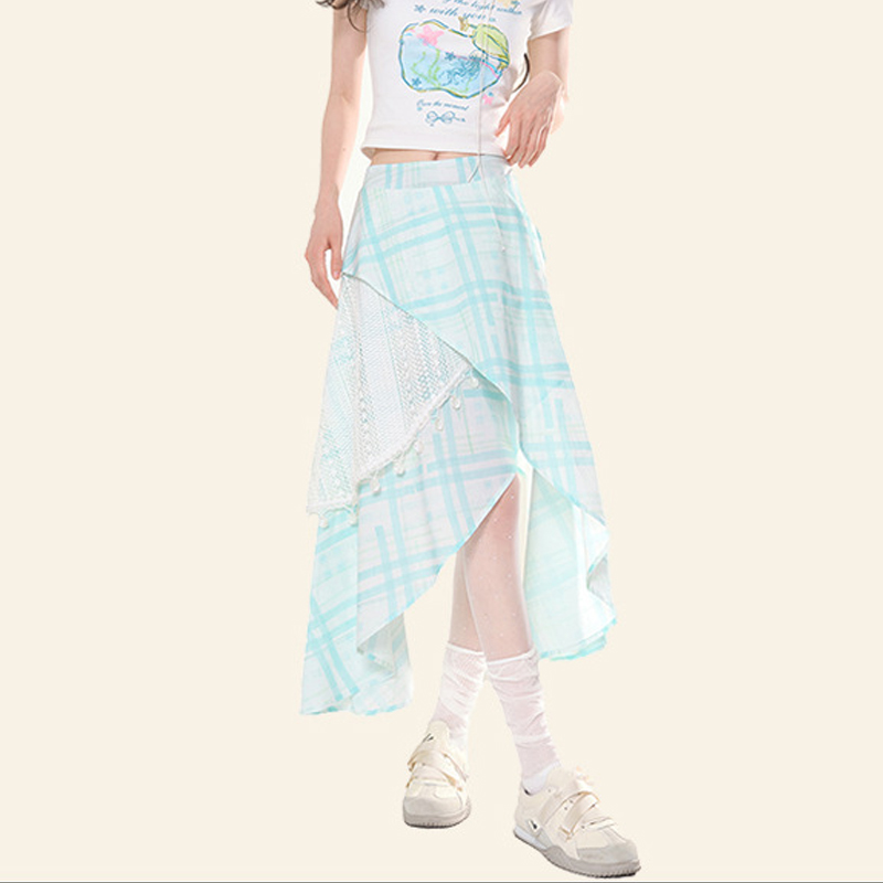 蕾絲拼接半身裙不規則設計感清新高腰百搭小眾裙