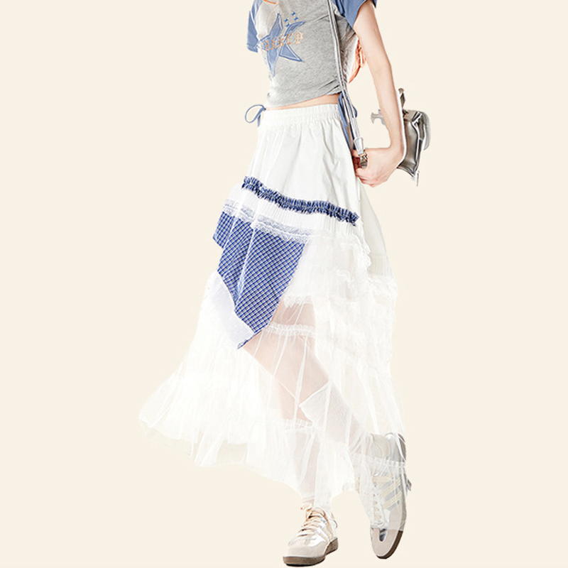 設計感花邊拼接格紋拼色長裙女夏季層疊荷葉邊不規則半身裙
