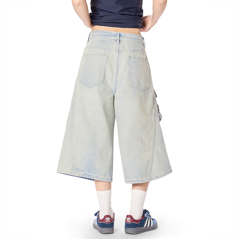 美式復古水洗做舊牛仔短褲男女潮牌高級痞帥風闊腿七分褲