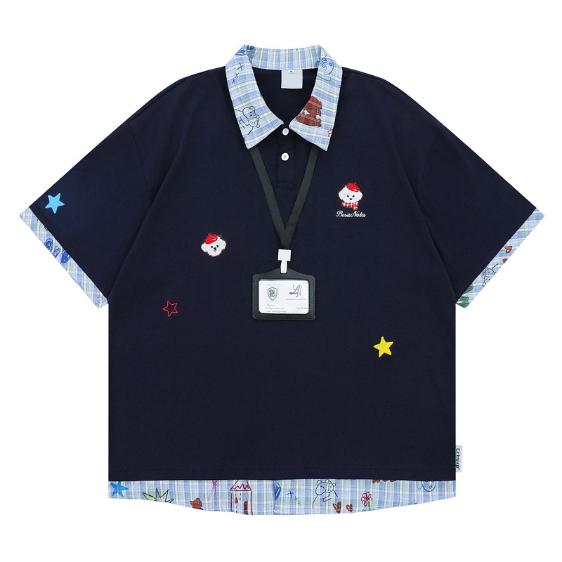 美式刺繡小狗格紋Polo領短袖T卹寬鬆學院風假兩件半袖