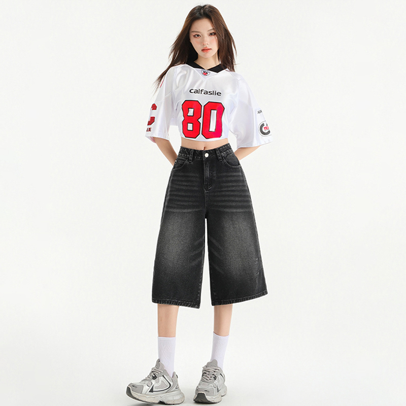 美式復古高腰顯瘦寬鬆褶皺七分褲做舊設計感七分闊腿牛仔褲