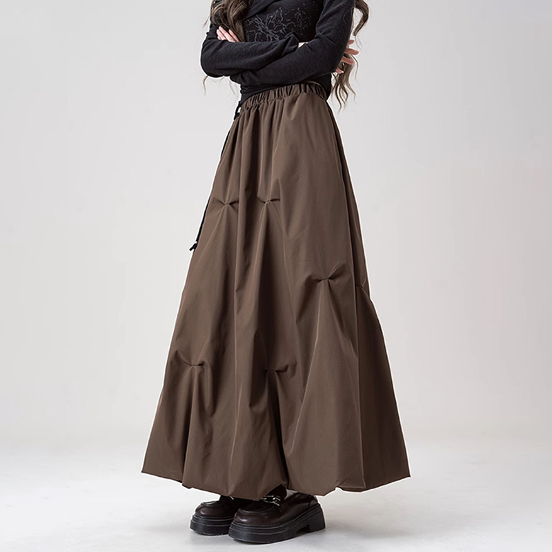 美式復古咖色褶皺花苞半身裙春夏高腰辣妹A字長裙