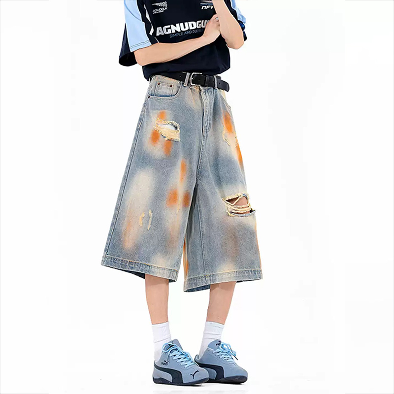 廢土風美式髒染破洞牛仔短褲夏季復古設計感hiphop闊腿七分褲