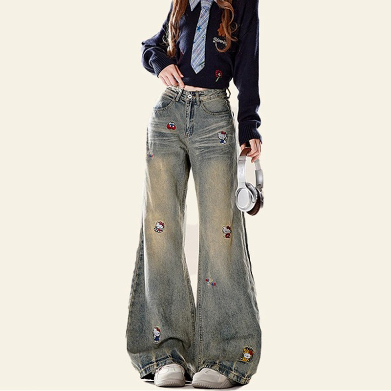 美式復古Kitty貓刺繡牛仔褲秋冬季做舊慵懶風闊腿牛仔褲子