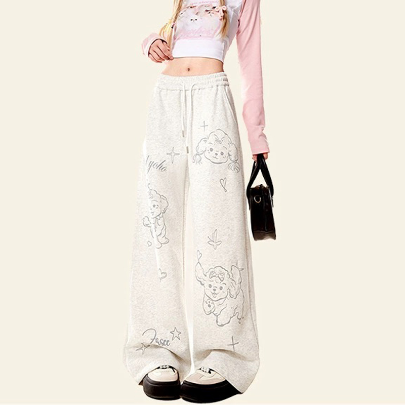 美式復古可愛小狗印花休閒衛褲秋冬季直筒寬鬆運動闊腿褲子