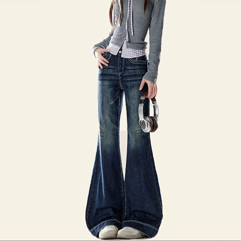 美式復古微喇牛仔褲秋冬季水洗做舊小眾設計感修身顯瘦喇叭褲