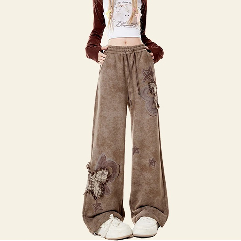 美式復古蝴蝶貼布繡衛褲秋冬設計感休閒寬鬆闊腿運動褲