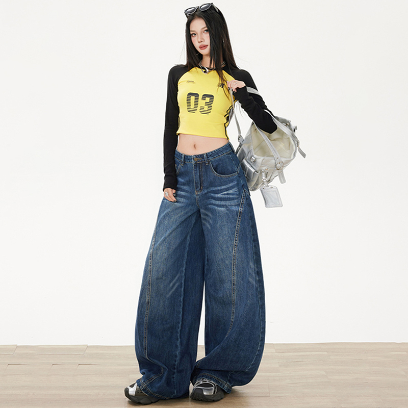 美式復古原色牛仔褲深藍色設計感彎刀牛仔褲寬鬆直筒復古寬褲