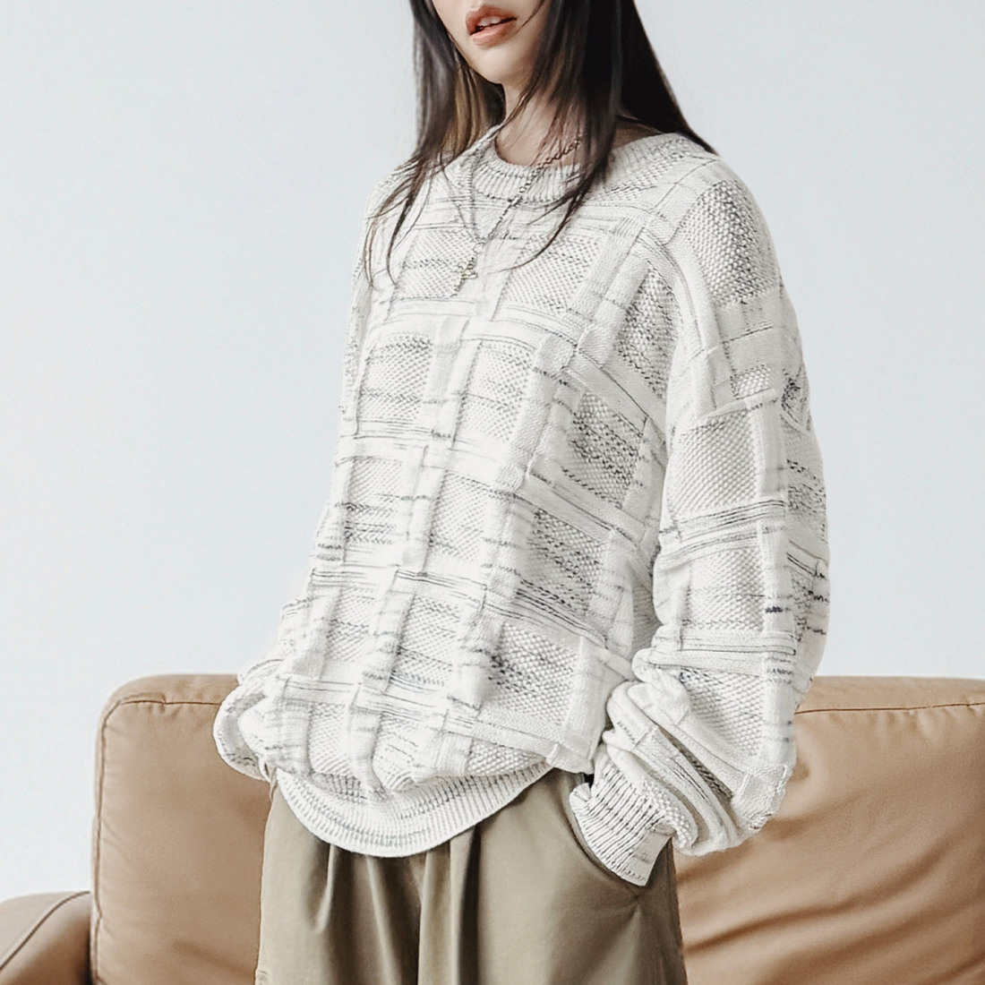 馬登女裝 美式復古寬鬆肌理感圓領套頭撞色針織條紋提花毛衣春秋