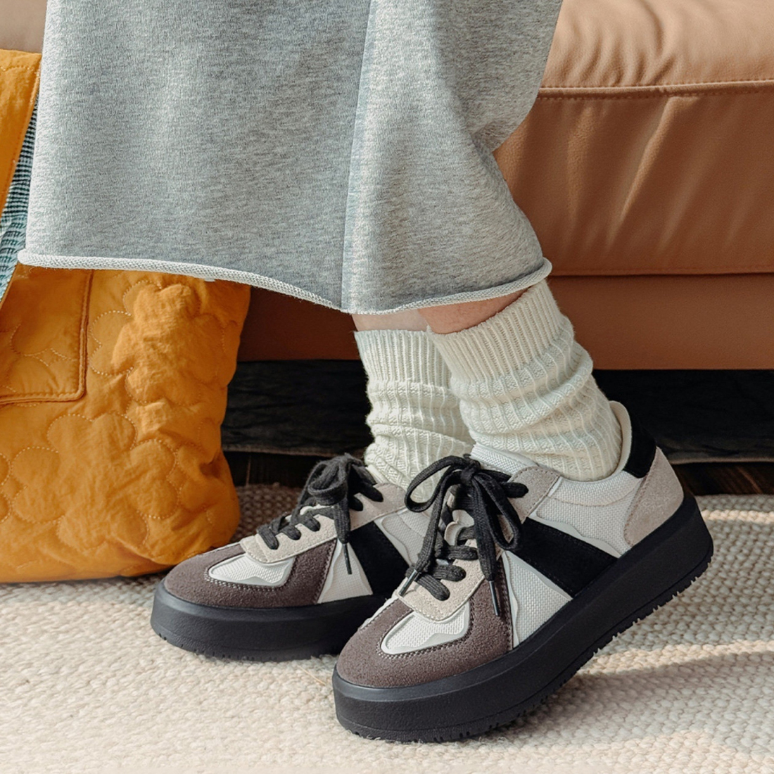 馬登女裝 黑色復古經典厚底增高貓熊德訓鞋休閒運動板鞋