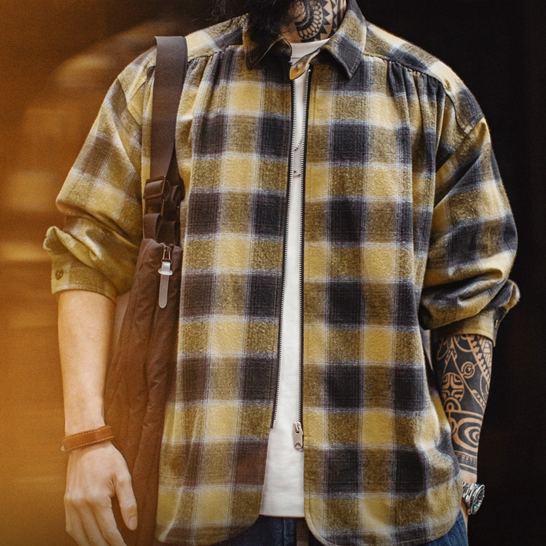 馬登工裝 美式復古格子拉鍊襯衫翻領格紋純棉外套開衫長袖襯衣春秋