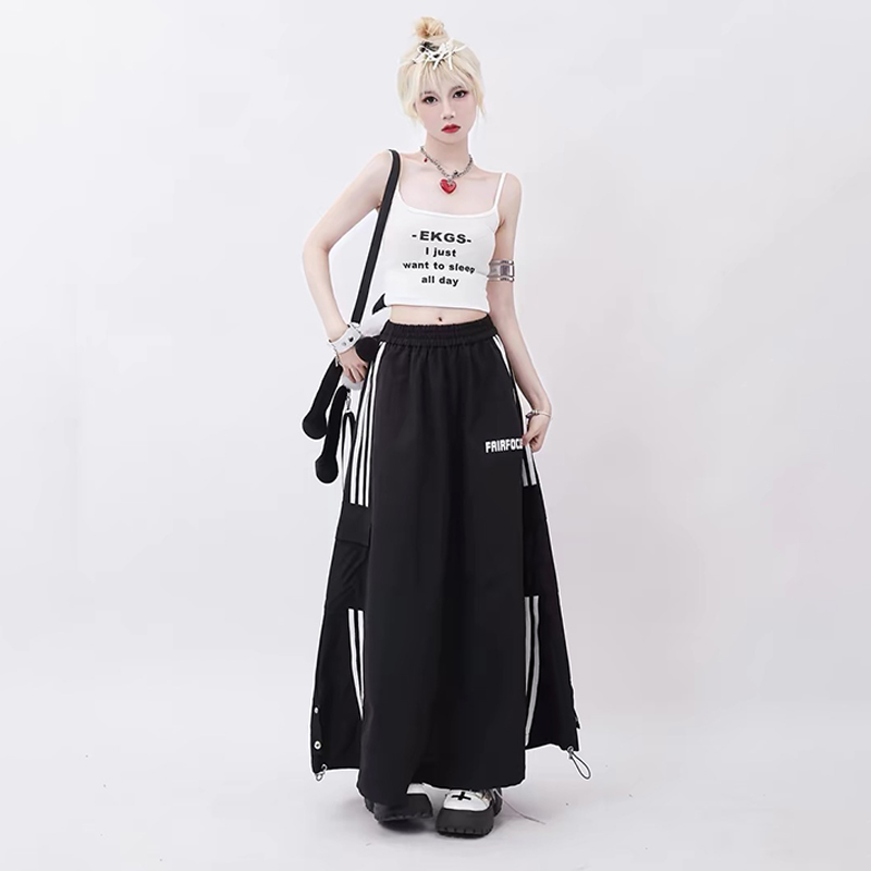 美式復古高街開叉半身裙ins寬鬆休閒百搭工裝裙設計感A字裙