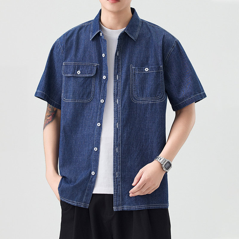 復古潮流水洗牛仔短袖襯衫春夏男士寬鬆休閒襯衣