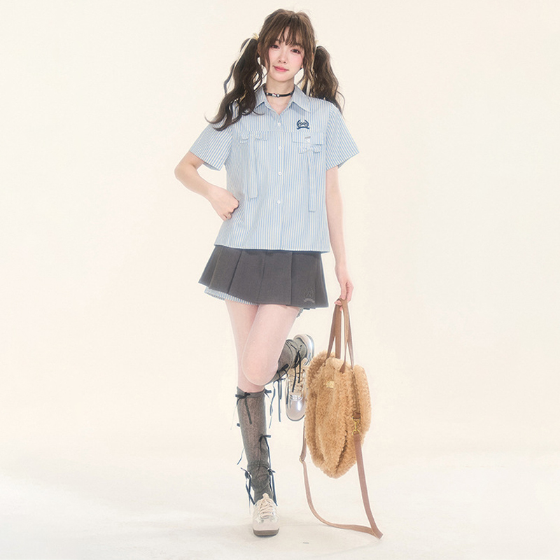復古學院風灰色格紋拼接半身裙女夏季顯瘦假兩件百褶短裙子