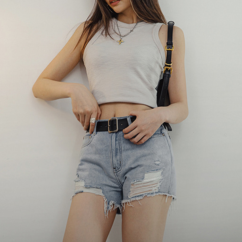 馬登女裝 淺色破洞牛仔褲顯瘦辣妹熱褲毛邊設計百搭短褲夏季女