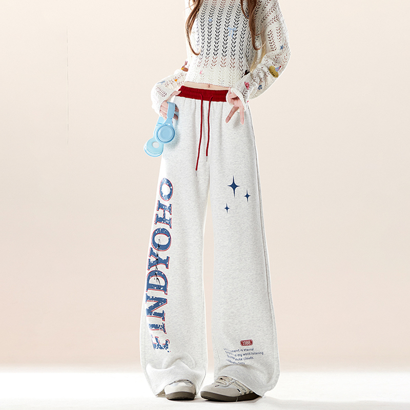 美式復古字母印花休閒衛褲春秋季撞色拼接百搭寬鬆闊腿褲子