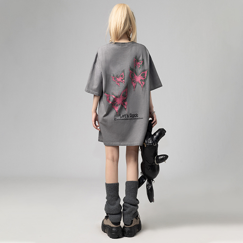 美式復古哥特風蝴蝶印花Chic寬鬆T恤潮流設計感情侶短袖上衣