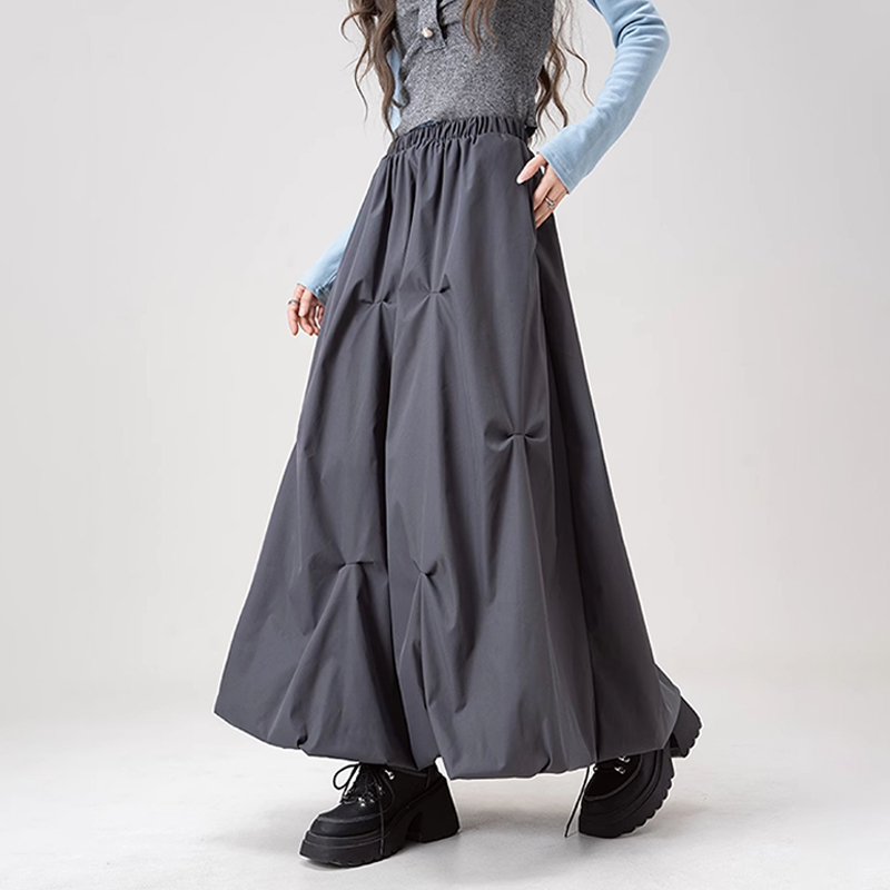 美式復古咖色褶皺花苞半身裙春夏高腰辣妹A字長裙