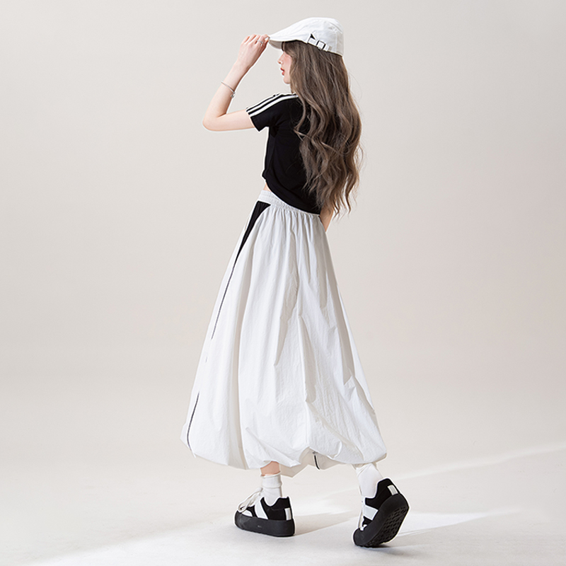 美式復古運動風花苞工裝裙女夏季薄款撞色高腰抽繩速乾A字蓬蓬半身裙