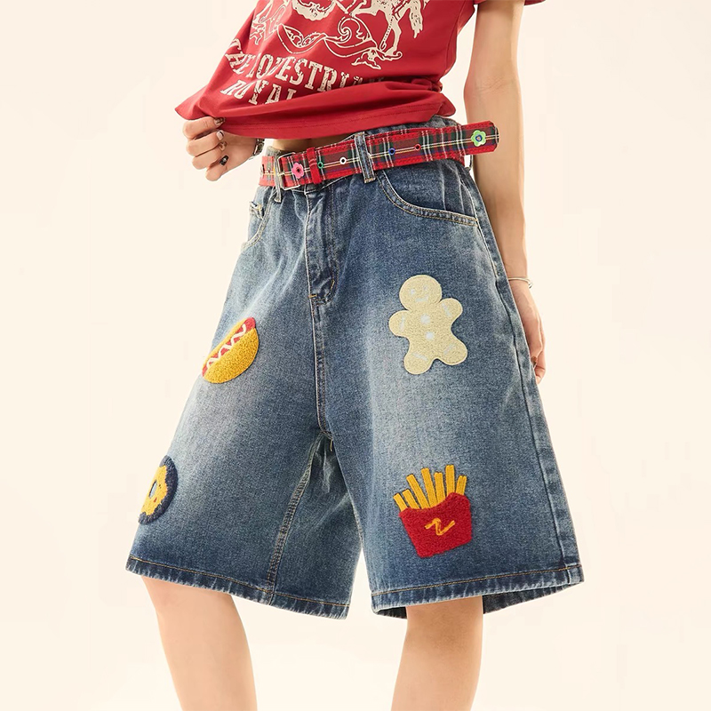 美式街頭做舊創意毛巾繡牛仔短褲男女潮牌高街直筒五分褲