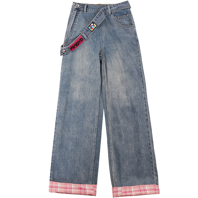 美式復古侧边拉链牛仔裤設計感可拆卸腰帶格紋拼接阔腿裤