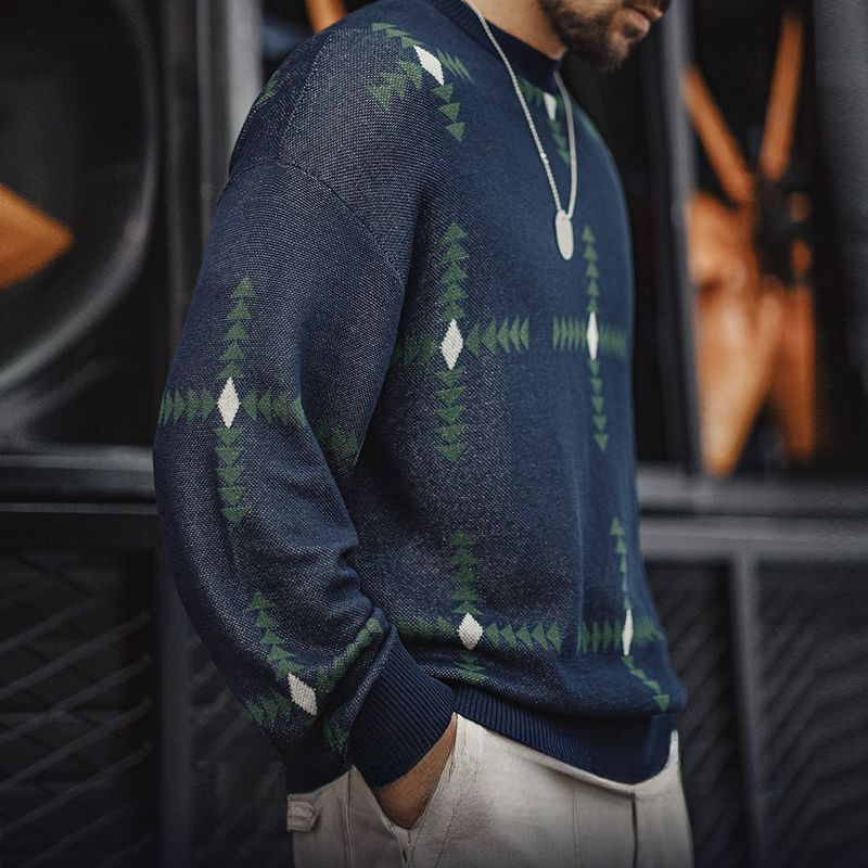 馬登工裝 美式復古幾何格紋針織毛衣學院風寬鬆圓領套頭衫上衣男秋冬