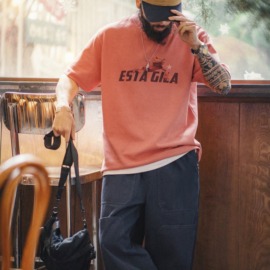 馬登工裝 美式复古印花短袖圓領落日橘紅色針織T恤男款夏季