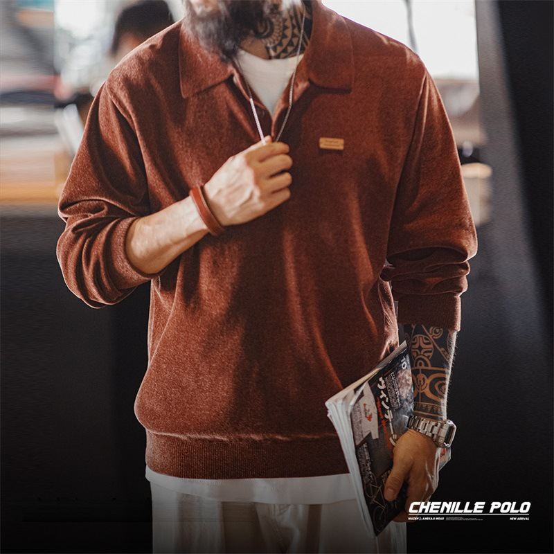 馬登工裝 美式復古雪尼爾半開襟polo衫寬鬆翻領套頭長袖衛衣男秋季