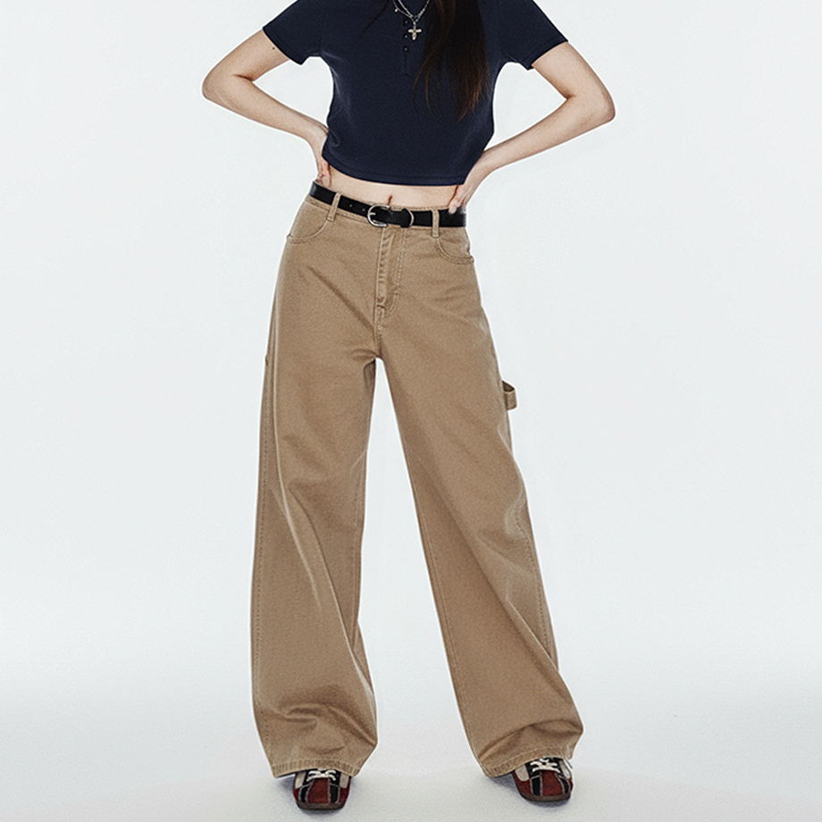 馬登女裝 卡其色復古工裝巴恩風伐木褲純棉直筒顯瘦長褲子秋冬