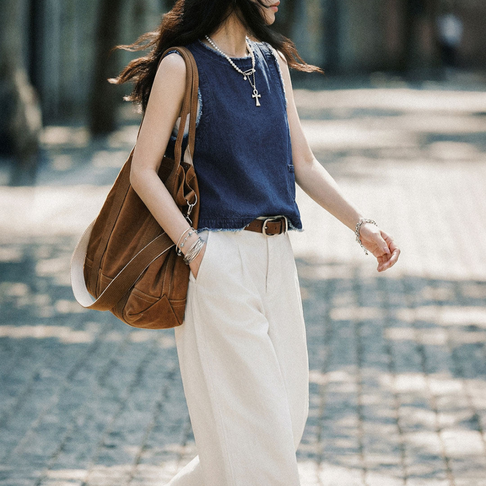 馬登女裝 日系復古寬鬆外穿牛仔馬甲無袖坎肩背心上衣女士春夏