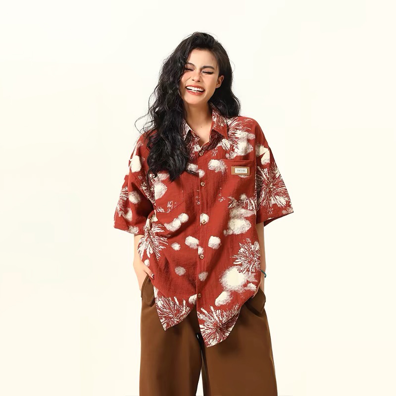 古著感領帶短袖襯衫女美式復古個性寬鬆潮牌夏季度假襯衣