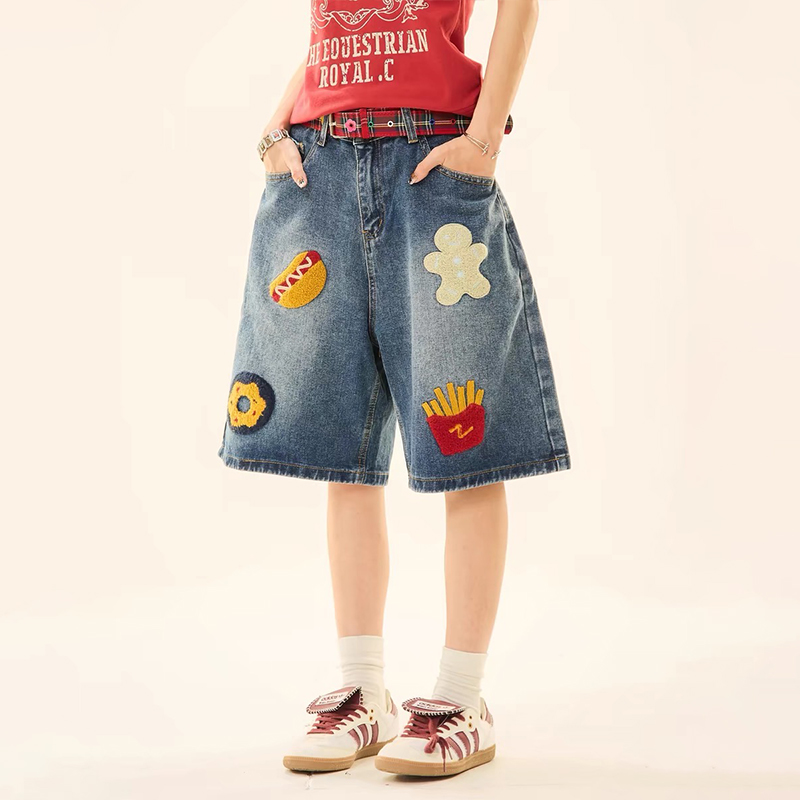 美式街頭做舊創意毛巾繡牛仔短褲男女潮牌高街直筒五分褲
