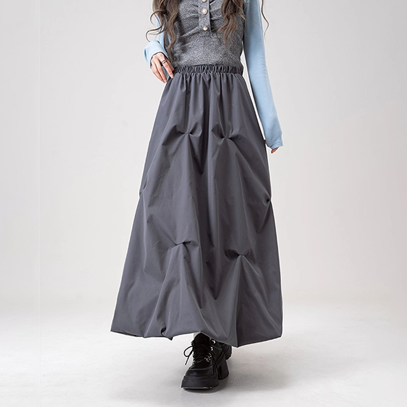 美式復古咖色褶皺花苞半身裙春夏高腰辣妹A字長裙