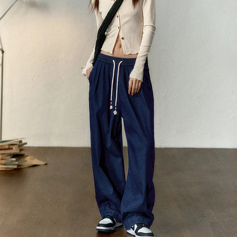 馬登女裝 冰絲牛仔褲鬆緊腰抽繩凉感直筒褲氣質顯瘦長褲