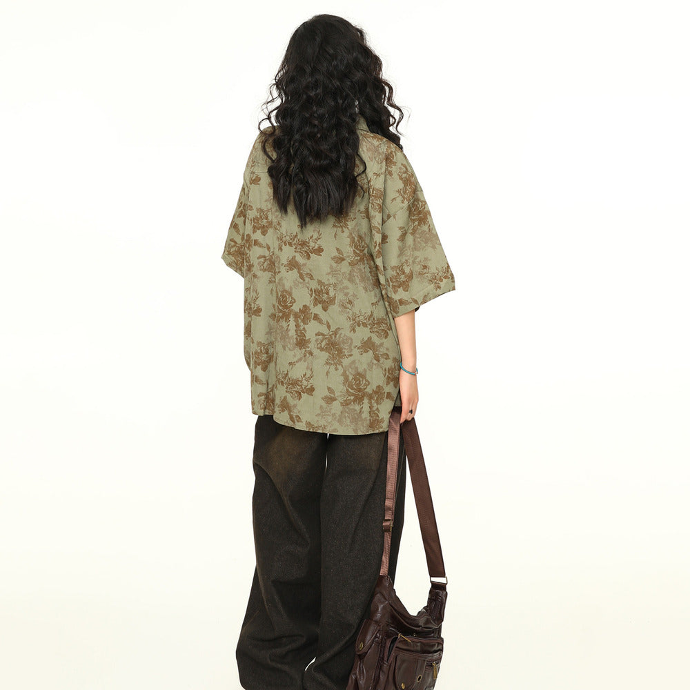 古著感花卉短袖襯衫女美式個性寬鬆潮牌夏季襯衣