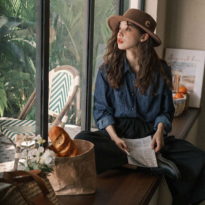 復古牛仔襯衫女薄外套開衫小眾設計感疊穿上衣長袖襯衣