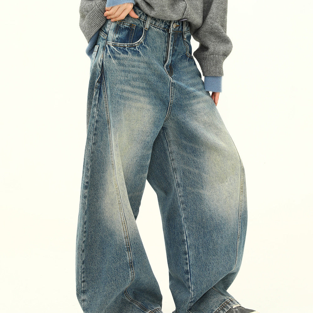 美式復古簡約彎刀褲洗水做舊小眾設計感闊腿寬鬆牛仔褲