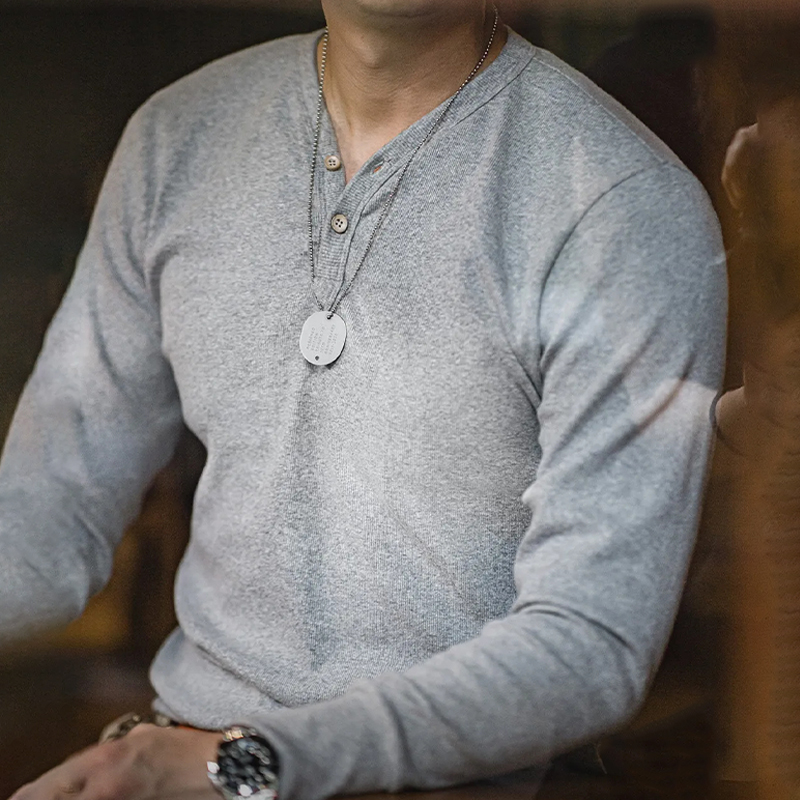 馬登工裝 美式復古重磅亨利衫修身硬漢風純色休閒長袖T卹