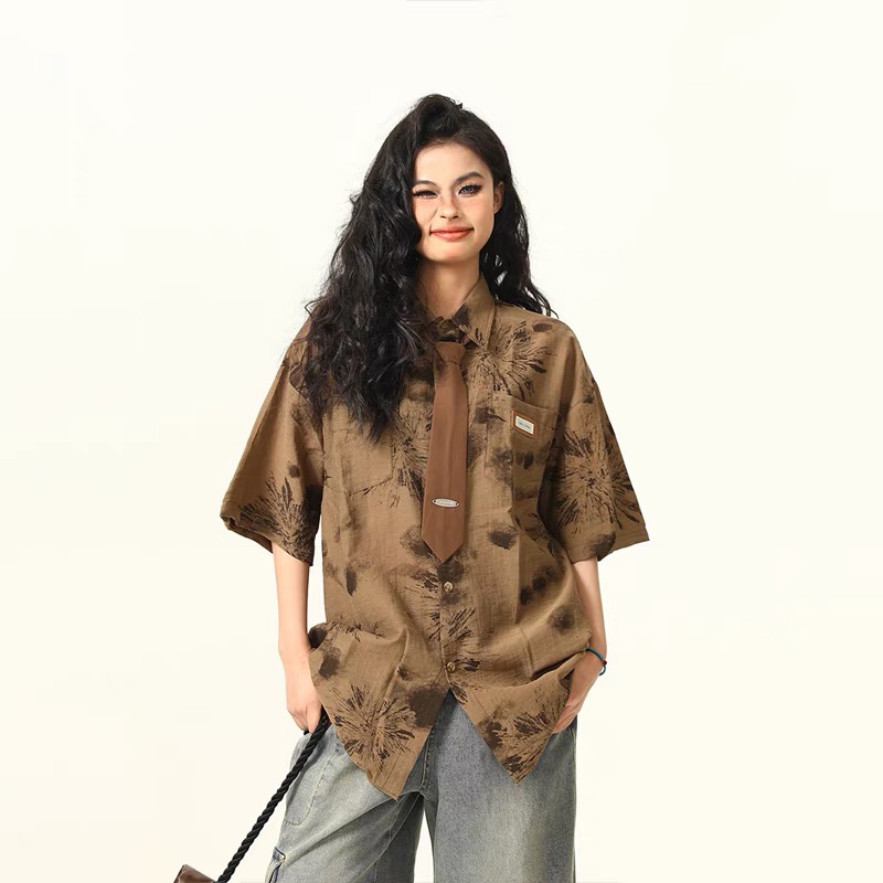 古著感領帶短袖襯衫女美式復古個性寬鬆潮牌夏季度假襯衣