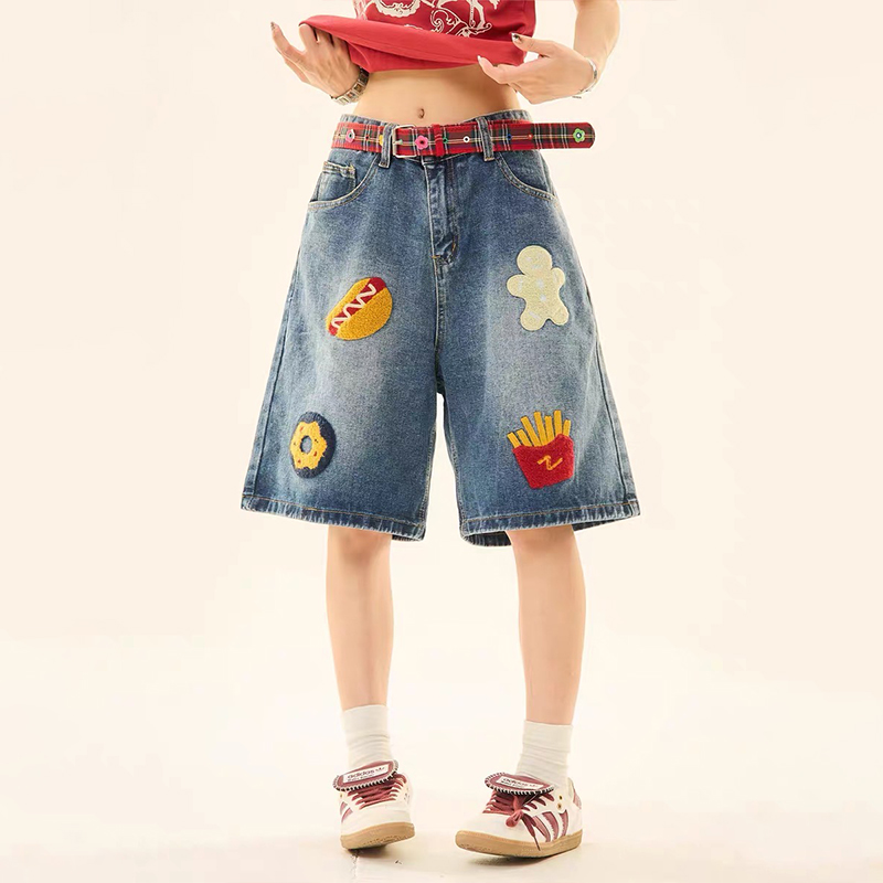 美式街頭做舊創意毛巾繡牛仔短褲男女潮牌高街直筒五分褲