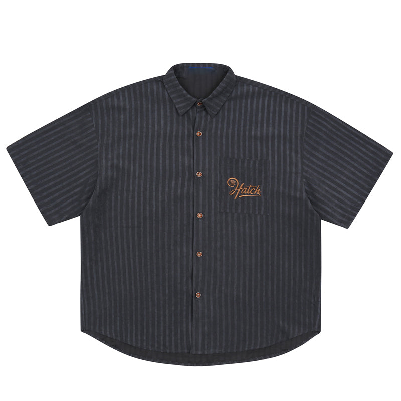 美式復古Vintage工裝短袖刺繡口袋襯衫女夏季百搭寬鬆情侶襯衣