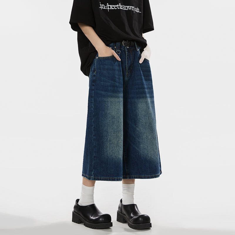 美式復古水洗牛仔中褲女夏季廓形牛仔短褲闊腿七分褲