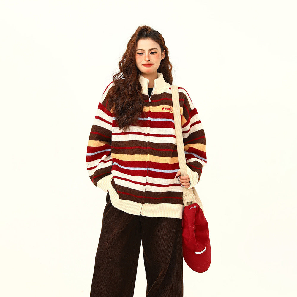 美式復古彩虹撞色針織衫半高領針織毛衣開衫寬鬆氛圍感外套