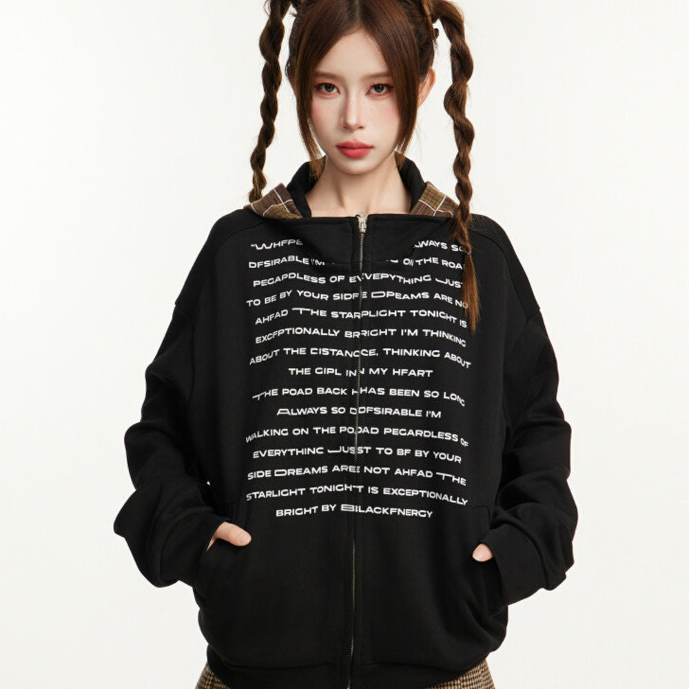 美式復古黑色拉鍊連帽衛衣外套秋冬寬鬆情侶套頭格子帽衫